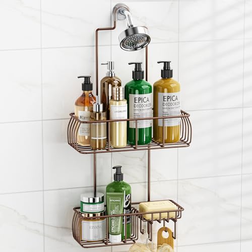Epicano Shower Caddy Hanging, Anti-Swing Over Head Shower Caddy Rustproof with hooks for Towels, Sponge and more, Bronze - Image 1