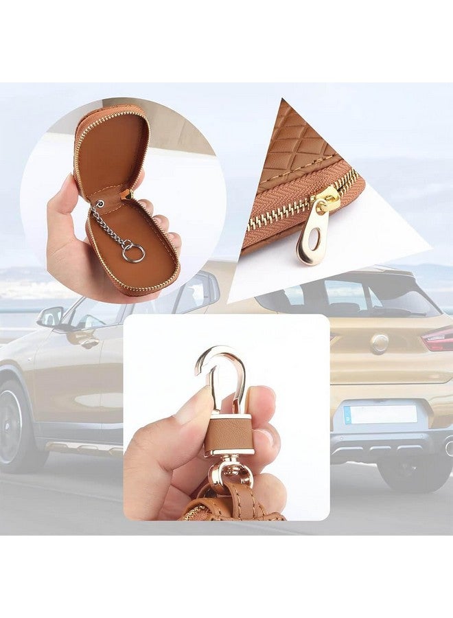 KeyZone Unisex Mens Womens Premium Checkered Pattern Leather Car Key Holder Pouch Bag Keychain Case Wallet With Zipper Closure (Brown) - Image 5