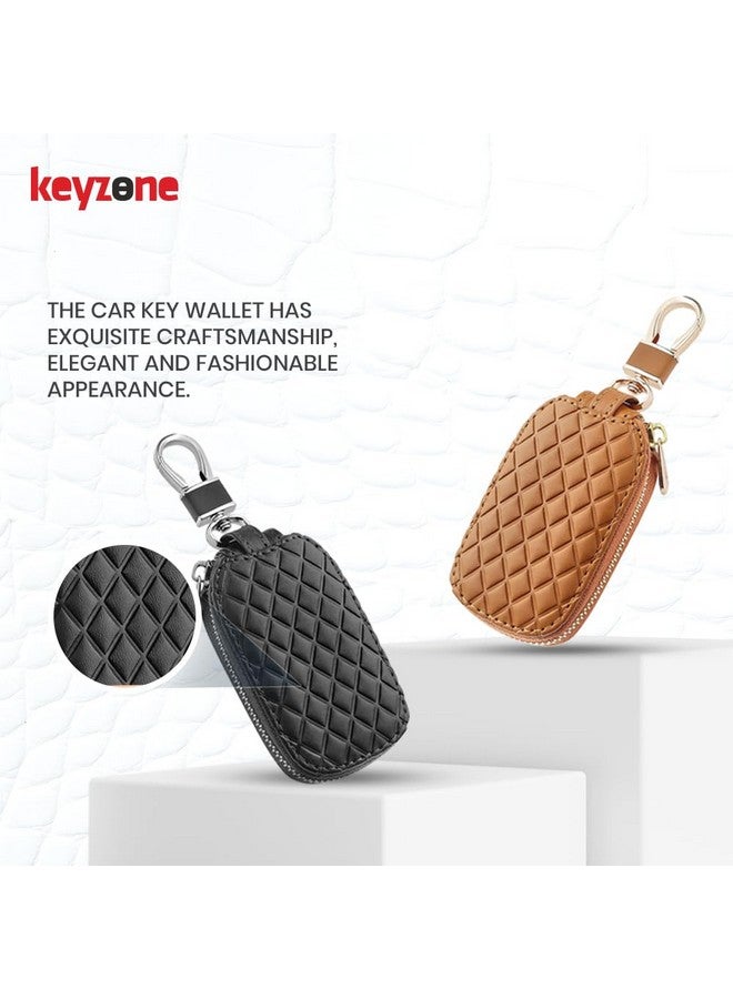 KeyZone Unisex Mens Womens Premium Checkered Pattern Leather Car Key Holder Pouch Bag Keychain Case Wallet With Zipper Closure (Brown) - Image 2