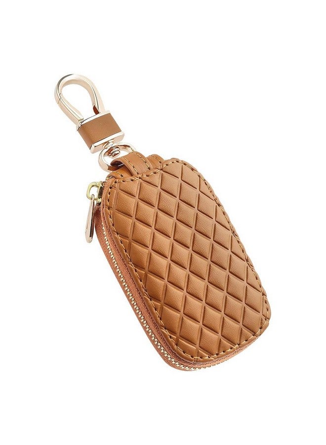 KeyZone Unisex Mens Womens Premium Checkered Pattern Leather Car Key Holder Pouch Bag Keychain Case Wallet With Zipper Closure (Brown) - Image 1