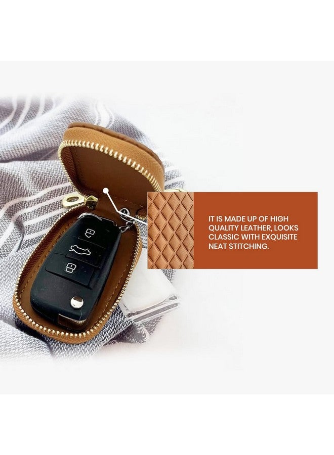 KeyZone Unisex Mens Womens Premium Checkered Pattern Leather Car Key Holder Pouch Bag Keychain Case Wallet With Zipper Closure (Brown) - Image 3