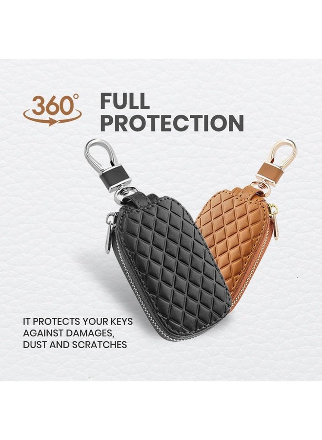 KeyZone Unisex Mens Womens Premium Checkered Pattern Leather Car Key Holder Pouch Bag Keychain Case Wallet With Zipper Closure (Brown) - Image 4