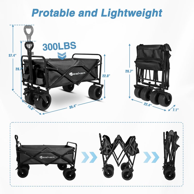 Yesker Foldable Wagon - 300lbs Collapsible Garden Carts with All Terrain Wheels for Outdoor Camping Sports Shopping Gardening - Heavy Duty Portable Utility Trolley (Black) - Image 2