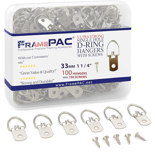 FramePac D Ring Picture Hangers with Screws - 100 Pack - Bulk D Rings - Pro Quality Hangers - Picture Hanging Solutions - Image 1
