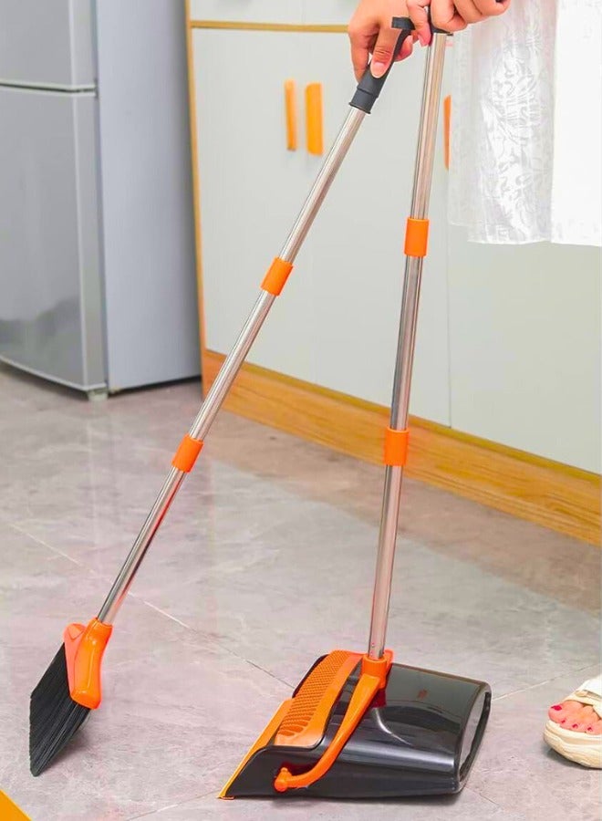 Chase Up Dustpan and Brush Sets, Long Handle Broom and Dustpan Set with Comb Teeth, Upright Sweeping Brush Set for Indoor Kitchen Lobby Office Sweeping Pet Dog Hair (Black Orange) - Image 2