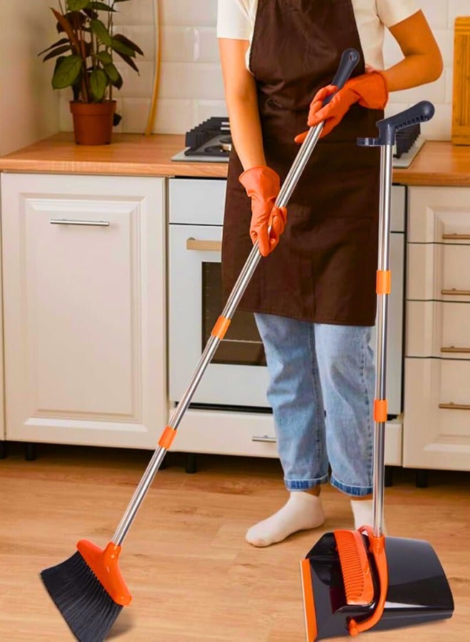 Chase Up Dustpan and Brush Sets, Long Handle Broom and Dustpan Set with Comb Teeth, Upright Sweeping Brush Set for Indoor Kitchen Lobby Office Sweeping Pet Dog Hair (Black Orange) - Image 3