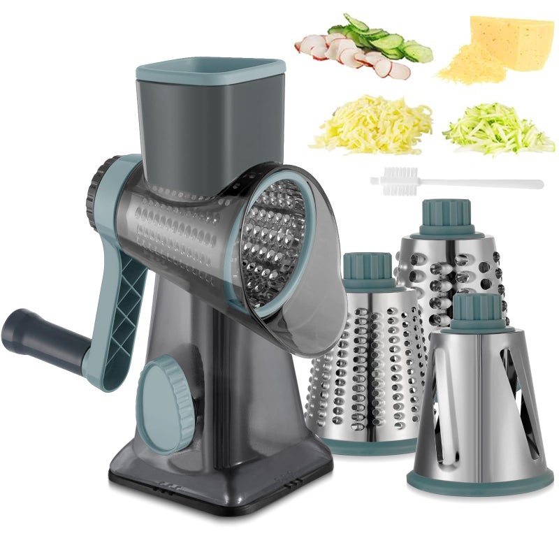 EDEFISY Cheese Grater Hand Crank Rotary Vegetables Shredder with Handle 3in1 Graters with Interchangeable Blades and Strong Suction Base Multifunctional Slicer for Kitchen