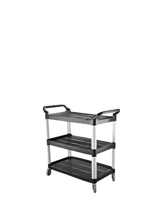 Generic Multi-purpose serving cart ideal for serving lightweight items in industrial, healthcare, food service, or restaurant sectors. Durable polypropylene shelves resist scratches, cracks, and dents. Lightweight aluminum supports provide exceptional stacking strength. 