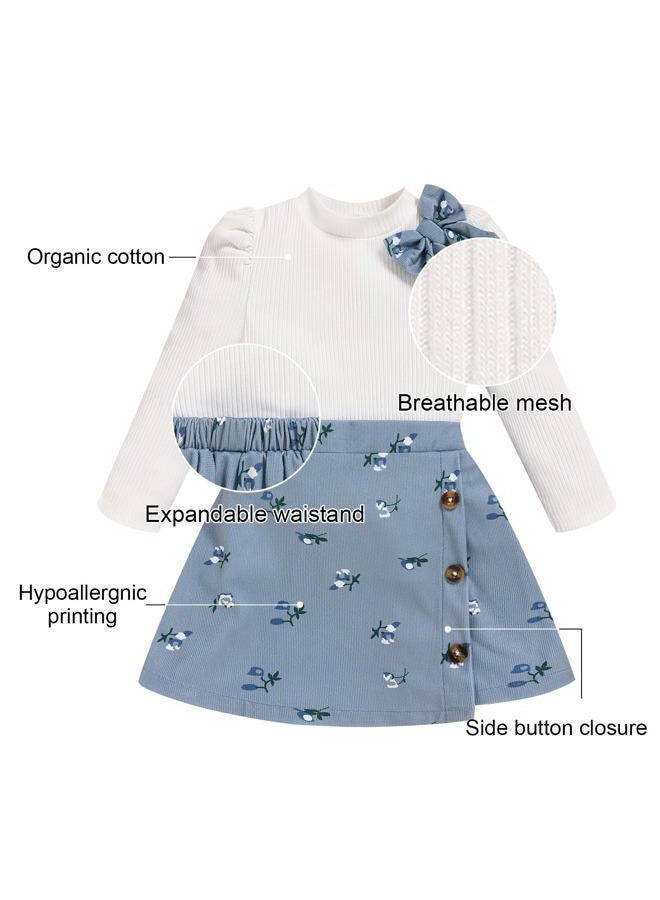 TITKKOP Toddler Girl Plaid Outfits Fall Winter Dress Knit Ribbed Bow Sweatshirt Tops and Button Fashion Skirts Set, Blue+flower, 3T - Image 5