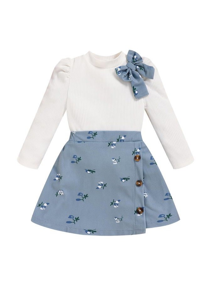 TITKKOP Toddler Girl Plaid Outfits Fall Winter Dress Knit Ribbed Bow Sweatshirt Tops and Button Fashion Skirts Set, Blue+flower, 3T - Image 1