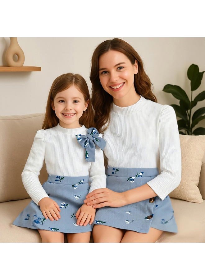 TITKKOP Toddler Girl Plaid Outfits Fall Winter Dress Knit Ribbed Bow Sweatshirt Tops and Button Fashion Skirts Set, Blue+flower, 3T - Image 4