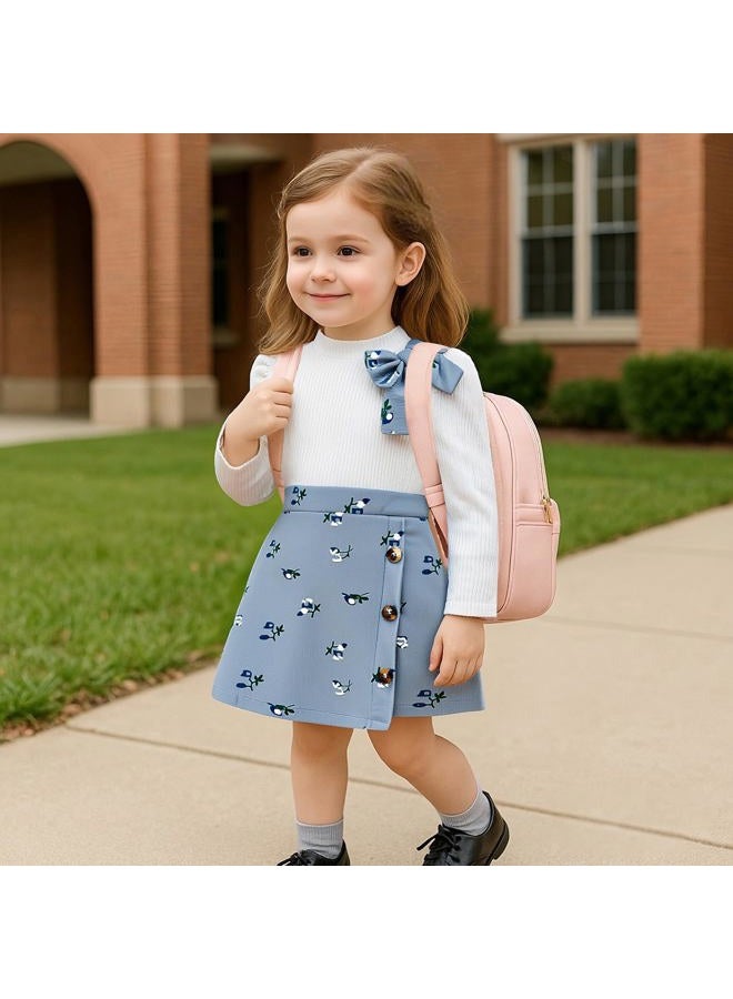 TITKKOP Toddler Girl Plaid Outfits Fall Winter Dress Knit Ribbed Bow Sweatshirt Tops and Button Fashion Skirts Set, Blue+flower, 3T - Image 3