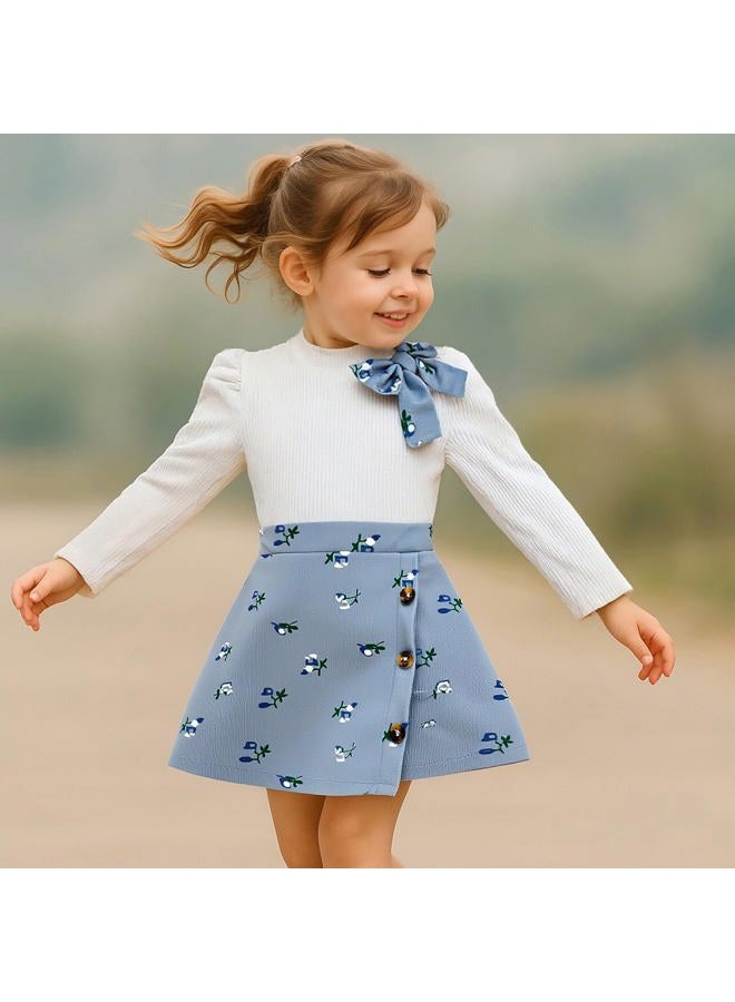 TITKKOP Toddler Girl Plaid Outfits Fall Winter Dress Knit Ribbed Bow Sweatshirt Tops and Button Fashion Skirts Set, Blue+flower, 3T - Image 2