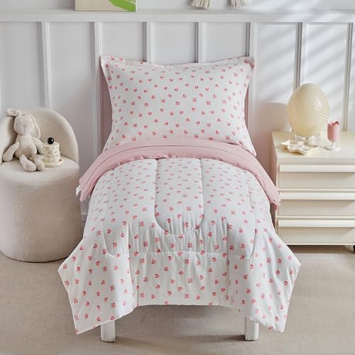 DuShow Toddler Bedding Set for Girls4 Piece BedinaBag Toddler Comforter SetsPink Heart Crib Bedding Sheets SetInclude Quilt ComforterFlat SheetFitted SheetPillowcase - Image 1