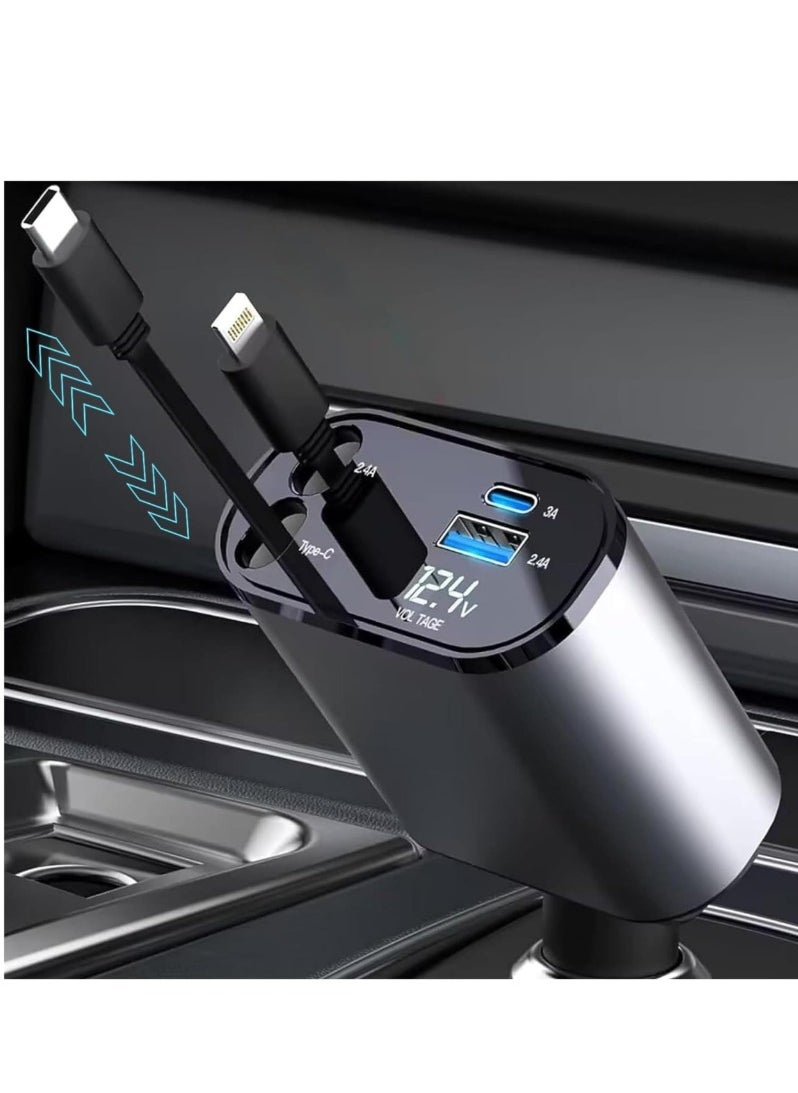 ACLIX - 4-in-1 Car Charger with Dual Retractable Cable, Dual Port USB CORD Fast Charging Car Adapter Car  with Voltage Display Compatible with iPhone 14 13 Pro Max, iPad, Samsung - Image 1