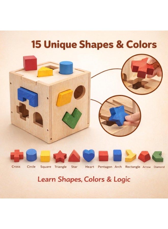 ARGT Wooden Shape Sorter Cube – 15 Shapes Montessori Educational Toy for Toddlers 1-3 Years, Non-Toxic Natural Wood Sorting Blocks, Kids Learning Toy - Image 4