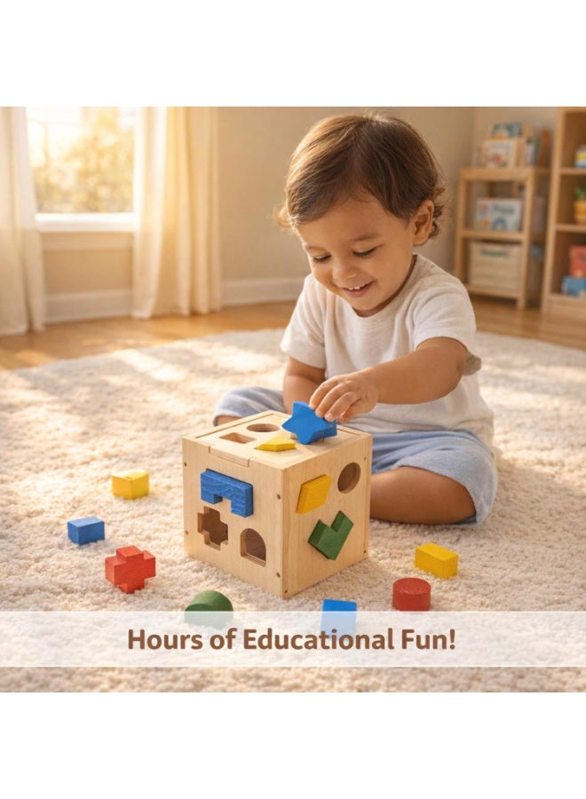 ARGT Wooden Shape Sorter Cube – 15 Shapes Montessori Educational Toy for Toddlers 1-3 Years, Non-Toxic Natural Wood Sorting Blocks, Kids Learning Toy - Image 2