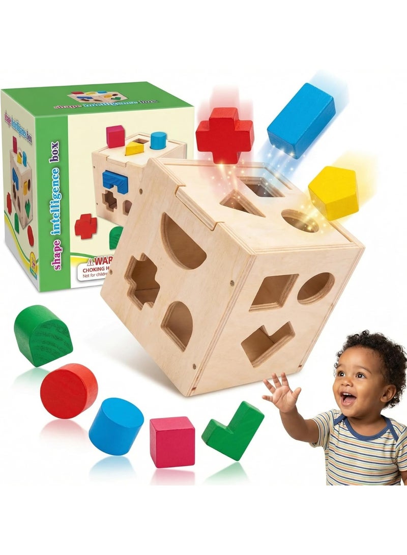 ARGT Wooden Shape Sorter Cube – 15 Shapes Montessori Educational Toy for Toddlers 1-3 Years, Non-Toxic Natural Wood Sorting Blocks, Kids Learning Toy - Image 1