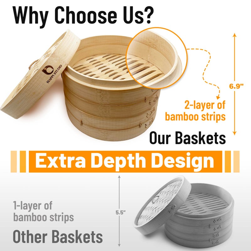 HAPPI STUDIO Bamboo Steamer Basket - 10 Inch 2-Tier Bamboo Dumpling Steamer for Cooking Dim Sum, Momo, Rice - Bao Bun - Natural Chinese Steam Baskets with Stainless Steel Ring Set - Image 2