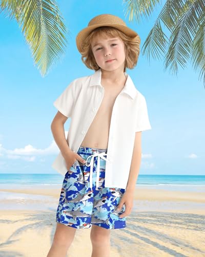 Ghteas Toddler Swimsuit Boy Swim Trunks Boys with Pockets Soft Boxers Lined UPF 50+ Rash Guard Drawstring Elastic Waist Beach Swim Trunks Boys 6-7 Blue Shark - Image 2