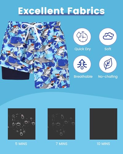 Ghteas Toddler Swimsuit Boy Swim Trunks Boys with Pockets Soft Boxers Lined UPF 50+ Rash Guard Drawstring Elastic Waist Beach Swim Trunks Boys 6-7 Blue Shark - Image 4