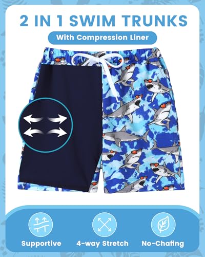 Ghteas Toddler Swimsuit Boy Swim Trunks Boys with Pockets Soft Boxers Lined UPF 50+ Rash Guard Drawstring Elastic Waist Beach Swim Trunks Boys 6-7 Blue Shark - Image 3