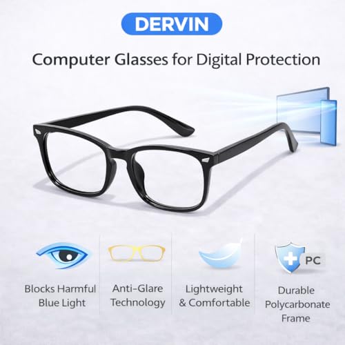 Dervin Blue Light Blocking Glasses Gaming Filter Transparent Square Eyeglasses for Eye Protection Men Women, Computer/Tablet/Laptop/Mobile/TV, Anti-blue & Anti eyestrain (Shiny Black) - Image 3