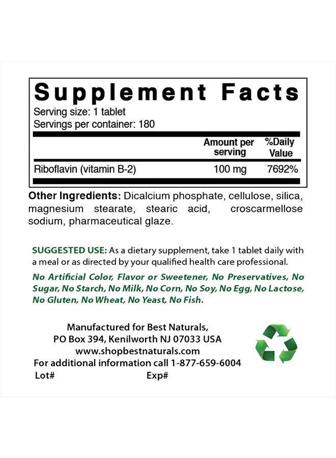 Best Naturals Vitamin B2 (Riboflavin) 100 mg 180 Tablets - Premium Formula - 3rd Party Lab Tested - Image 2