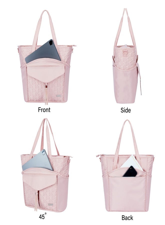 Lexeeco Utility Teacher Tote Bag for Women Work Bags Quilted Large Nurse Tote Bag with Pockets for 15.6" Laptop for Teacher Supplies (Pink), Pink, Large - Image 4
