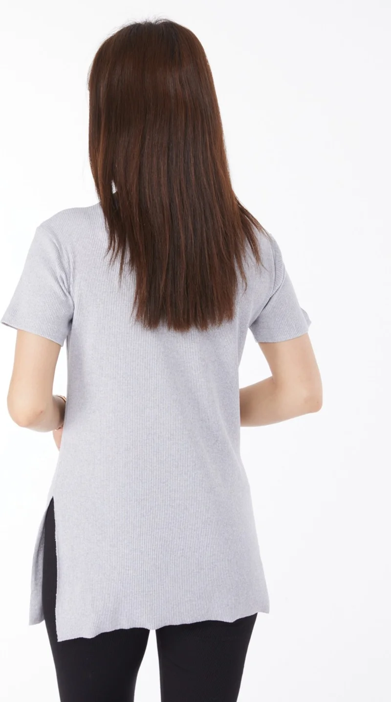Tofisa Plain Crew Neck Women's Gray Printed Slit T-Shirt - 24791
