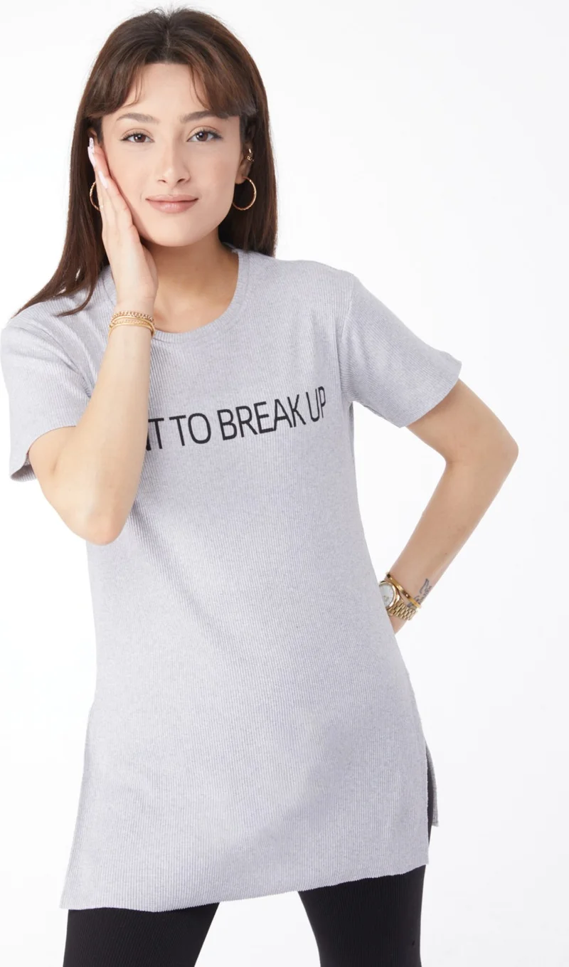 Tofisa Plain Crew Neck Women's Gray Printed Slit T-Shirt - 24791