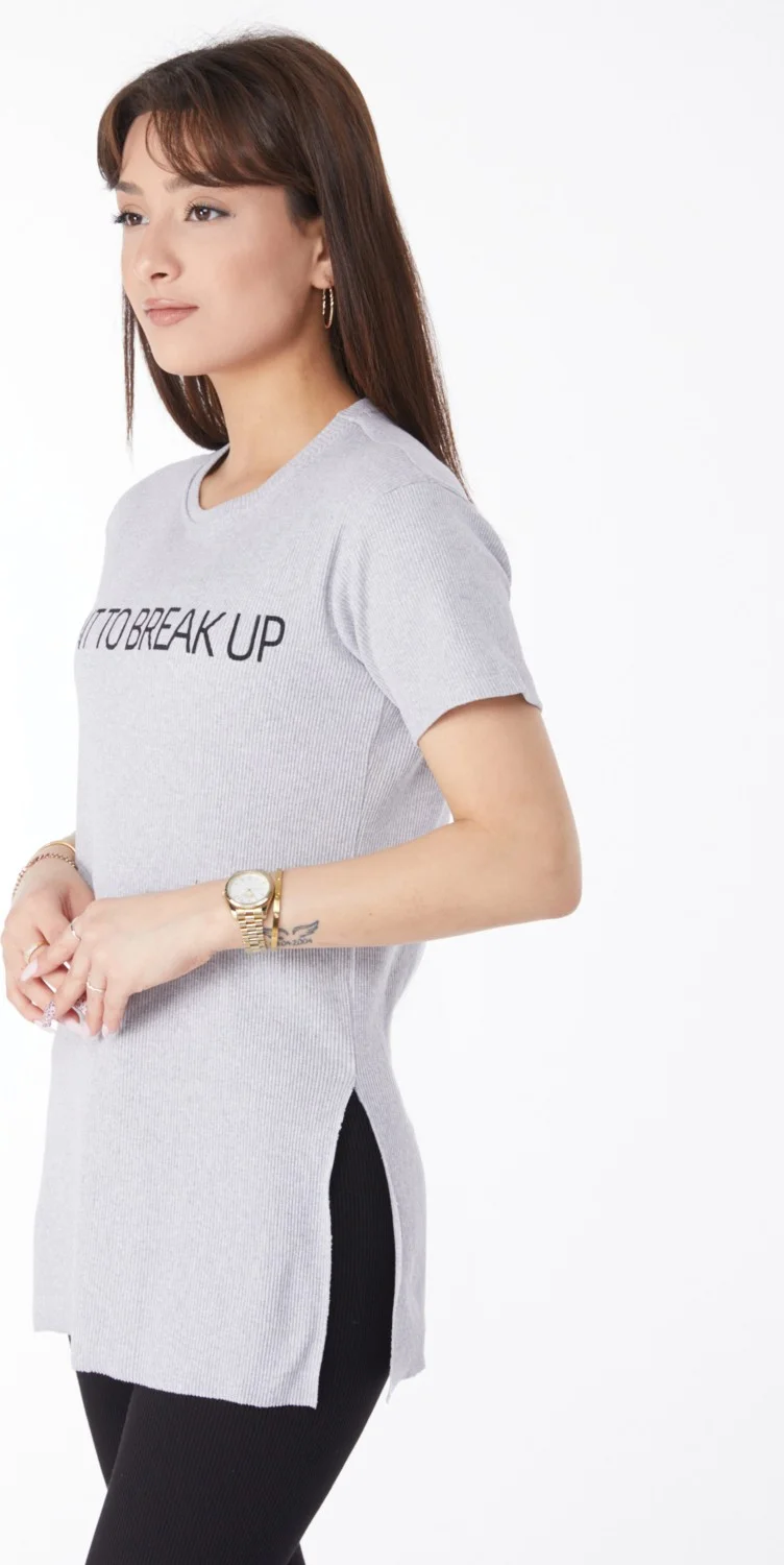 Tofisa Plain Crew Neck Women's Gray Printed Slit T-Shirt - 24791