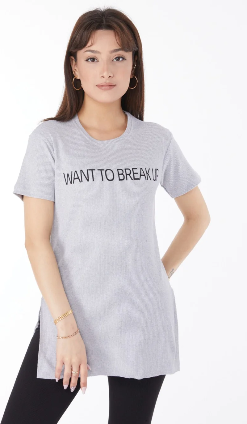 Tofisa Plain Crew Neck Women's Gray Printed Slit T-Shirt - 24791