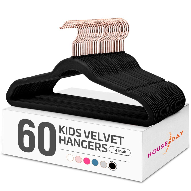 House Day Velvet Kids Hangers 60 Pack Premium Children Hangers for Closet Ultra Thin Cute Non Slip Kid Felt Clothes Hanger 14 Inch Small Hanger for Toddler Clothes Black