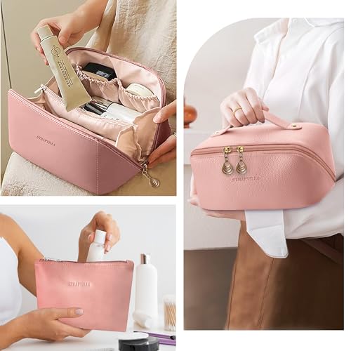 STRAPVILLA Makeup Organizer Bag for Women – Large Waterproof Makeup Pouch Bag with Wide Opening – Travel Pouches for Women, Cosmetic Organizer Bag, Makeup Kit Bag for Travel & Daily Use - Pink - Image 5