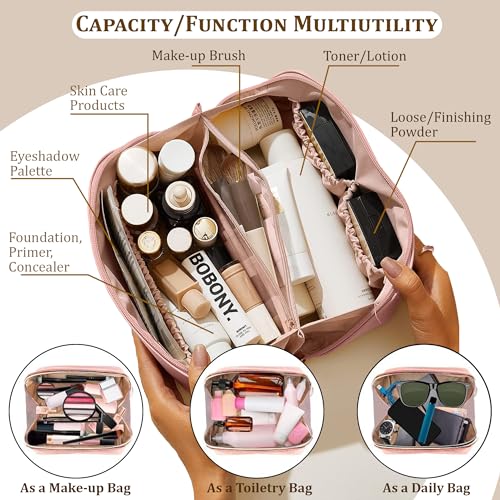 STRAPVILLA Makeup Organizer Bag for Women – Large Waterproof Makeup Pouch Bag with Wide Opening – Travel Pouches for Women, Cosmetic Organizer Bag, Makeup Kit Bag for Travel & Daily Use - Pink - Image 4