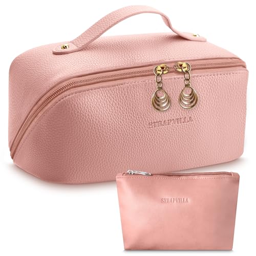 STRAPVILLA Makeup Organizer Bag for Women – Large Waterproof Makeup Pouch Bag with Wide Opening – Travel Pouches for Women, Cosmetic Organizer Bag, Makeup Kit Bag for Travel & Daily Use - Pink - Image 1