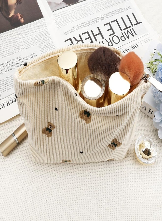 Tmtains Corduroy Makeup Bag Cute Small Soft Zipper Makeup Bags for Purse Organizer Cosmetic Travel Toiletry Pouch with Bear Pattern Coquette Aesthetic Period Pouch Christmas Gifts for Women (Beige) - Image 2