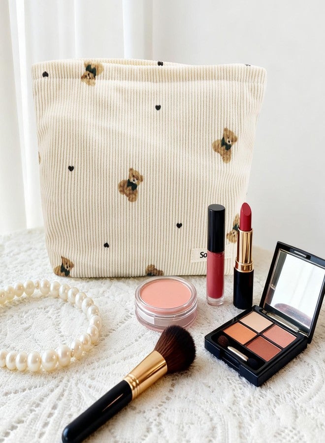 Tmtains Corduroy Makeup Bag Cute Small Soft Zipper Makeup Bags for Purse Organizer Cosmetic Travel Toiletry Pouch with Bear Pattern Coquette Aesthetic Period Pouch Christmas Gifts for Women (Beige) - Image 5