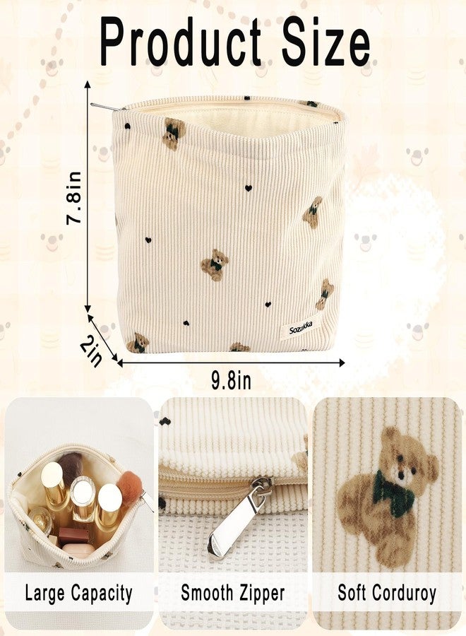 Tmtains Corduroy Makeup Bag Cute Small Soft Zipper Makeup Bags for Purse Organizer Cosmetic Travel Toiletry Pouch with Bear Pattern Coquette Aesthetic Period Pouch Christmas Gifts for Women (Beige) - Image 3