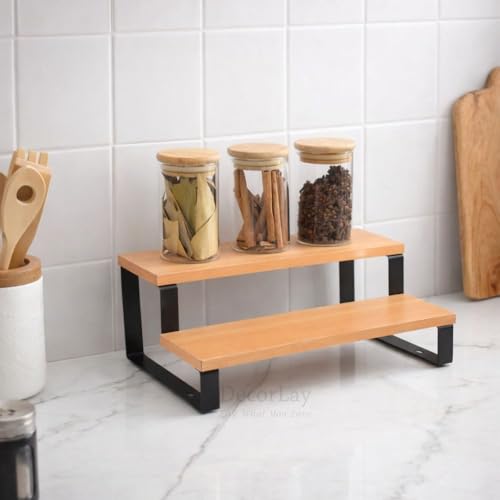 Decorlay 2-Tier Metal & Laminated Board Stairs Spice Rack Cosmetic Organizer Stand, Kitchen Countertop for Pantry Cupboard, Countertop (Beech+Black) - Image 2