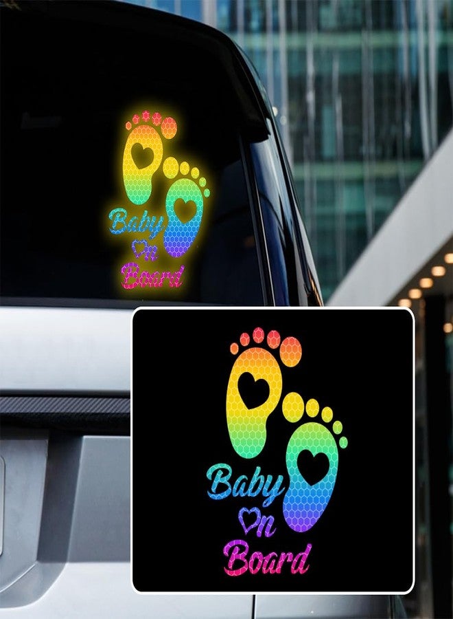 Iprokiu High Intensity Reflective Baby on Board Car Sticker Waterproof Cute Footprint Baby in Car Decal Safety Warning Sign Kids on Board Decal for Car Bumper Window (Rainbow) - Image 1