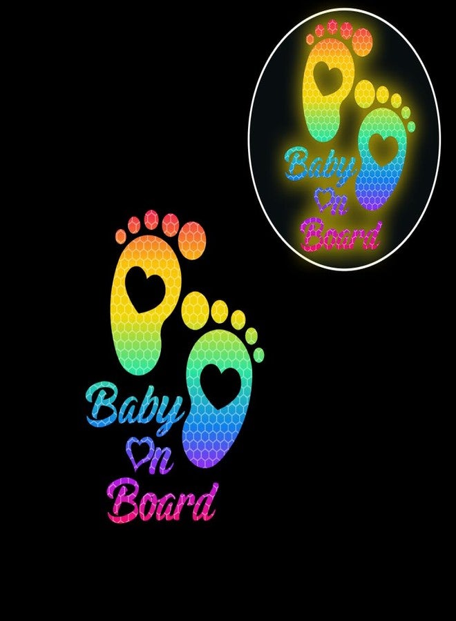 Iprokiu High Intensity Reflective Baby on Board Car Sticker Waterproof Cute Footprint Baby in Car Decal Safety Warning Sign Kids on Board Decal for Car Bumper Window (Rainbow) - Image 2