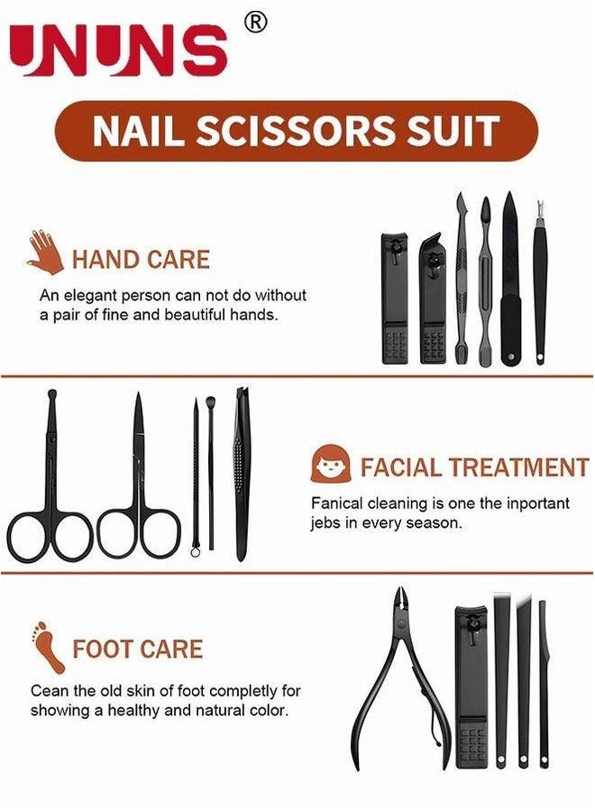 UNUNS طقم قص الأظافر 16 قطعة، طقم العناية بالأظافر، طقم العناية بالأظافر من الفولاذ الكربوني، طقم العناية بالقدمين مع مقصات، أدوات العناية الشخصية، حقيبة سفر فاخرة من الجلد الأسود القابل للحمل - Image 2