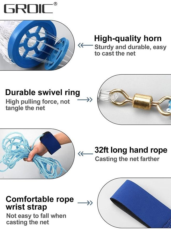 GROIC - Casting Net with Fish Cage, Fishing Cast net with Ring, 5 ft Radius Tools Cast Nets for Fishing, High Strength Nylon Mesh Casting Throw Nets with Steel Sinker and Synthetic Resin Frisbee - Image 1