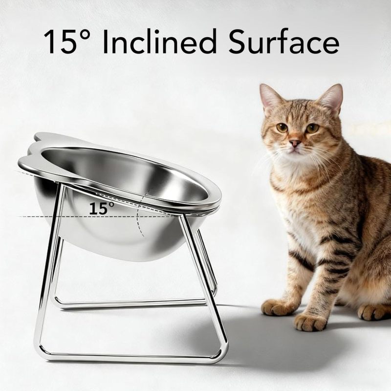 Elevated Cat Bowl 304 Stainless Steel Silver Anti-Vomit Tilted Design - Neck Protection Elevated Pet Bowl for Cats and Small Dogs - Image 4