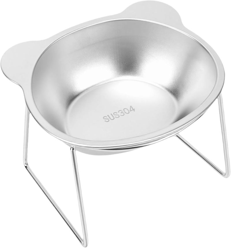 Elevated Cat Bowl 304 Stainless Steel Silver Anti-Vomit Tilted Design - Neck Protection Elevated Pet Bowl for Cats and Small Dogs - Image 1
