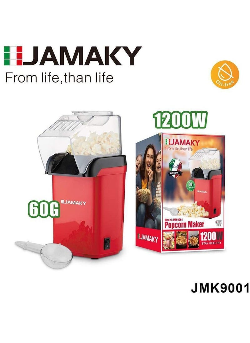 Jamaky Italy ماكينة صنع الفشار الكهربائية JAMAKY JMK9001 – بقوة 1200 واط، سعة 60 جرام – تحضير فشار صحي بدون زيت في دقائق! ايطالي بضمان سنه 