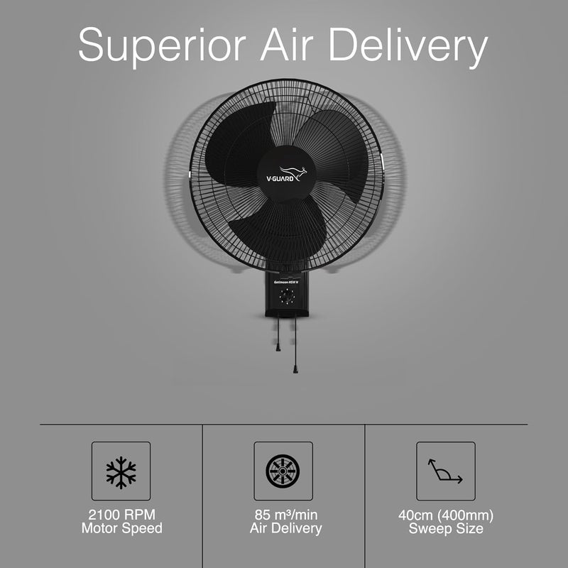 Vguard VGuard Gatimaan Pro HSW N High Speed Wall Fan for Home 2100 RPM 3 Speed Controls Powerful 100 Copper Motor CorrossionResistant Metal Grill Black  - Image 3