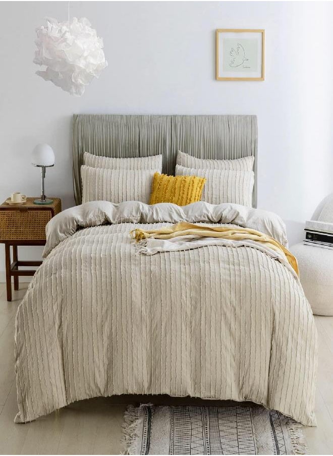 JELLYMONI JELLYMONI Cream Grey Duvet Cover Full Size - 3PCS Microfiber Tufted Duvet Cover Set, Boho Striped Tufted Textured Duvet Cover with Corner Ties & Zipper Closure 